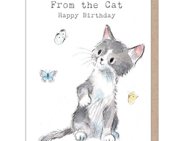 From the Cat Birthday Card -  Charming illustration -'Pawsitively Purrect' range- Grey Cat with butterflies - Made in UK - EPP017