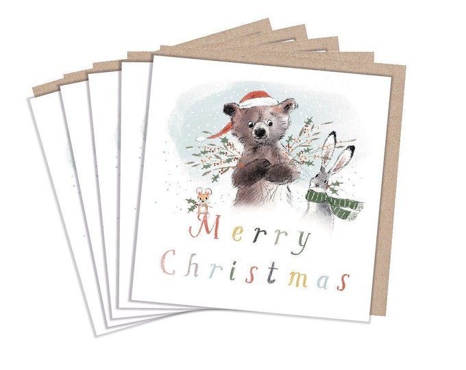 Christmas Card pack - 5 small quality cards with brown recycled envelopes -125 x 125mm-  one design - Bear, Hare and Mouse -  XPACK04