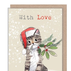 Kleine Weihnachtsgeschenkkarte - hochwertige Faltkarte mit Umschlag für ein besonderes Geschenk - With Love - Getigerte Katze Design - made in UK - GC03