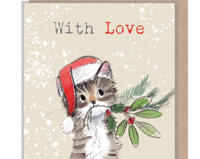 Small Christmas Gift Card - Quality Folded Gift card with envelope for a special gift - With Love  - Tabby Cat design - made in UK - GC03
