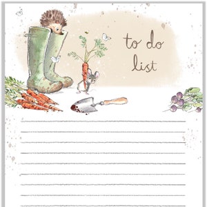 May include: A white to-do list with a whimsical garden illustration. A hedgehog peeks out of a green welly boot, a mouse holds a carrot, and a trowel lies on the ground. The text "to do list" is written in brown lettering.