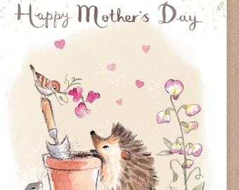 Extra large Card (A4 size) Happy Mother's Day - Charming illustration - Hedgehog and bird  - 'Morris and Maude' range - Made in UK -  XL018