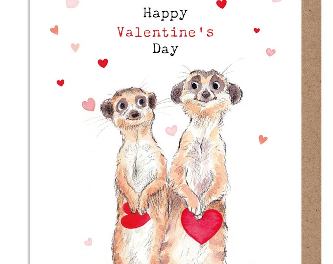 Valentines Card - Meercats - Charming illustration - 'Wonderfully Wild'  range - Made in UK -  WWVAL01