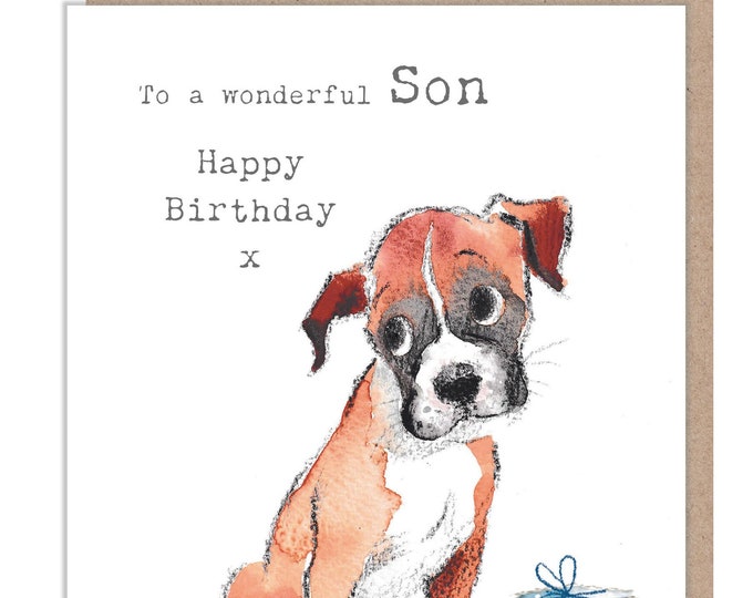 Son Birthday Card - Boxer Illustration - absolutely barking range - ABE079