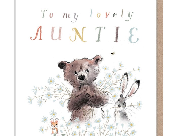 Auntie birthday card - 'The Bear, the hare, and the mouse' range. Cute illustration - BHME014