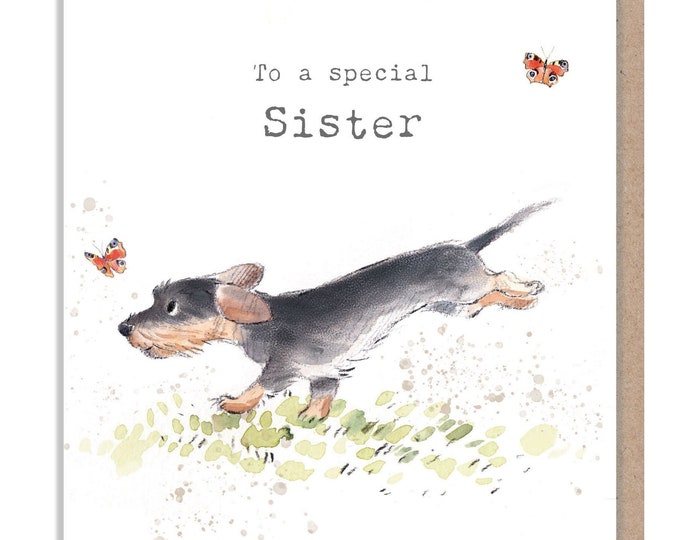 Sister Birthday Card - Running Sausage Dog with Butterflies Illustration ABE073
