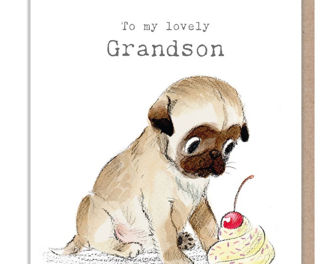 Grandson Birthday Card - Pug Illustration - absolutely barking range - ABE081