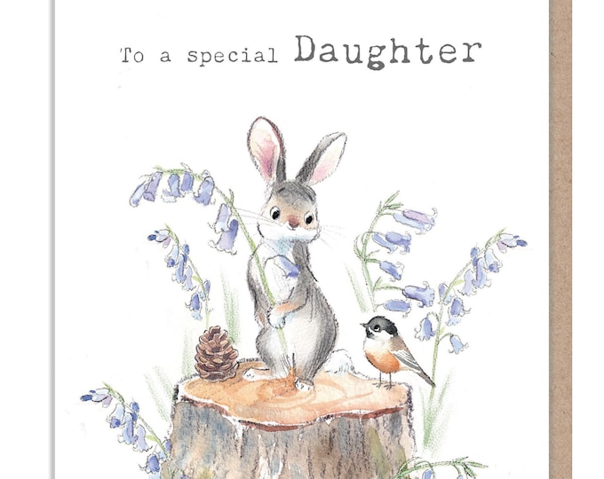 Daughter Birthday Card - Rabbit with Bluebells Illustration BWE021