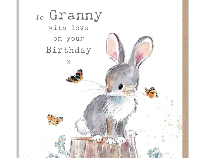 Granny birthday card - Cute Rabbit with 'forget me nots' and Butterflies Illustration BWE020