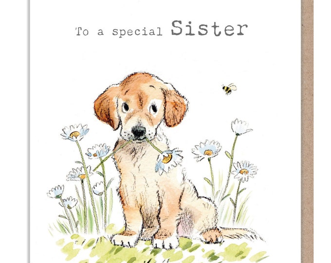 Sister Birthday Card - Golden Labrador with Daisies Illustrations ABE074