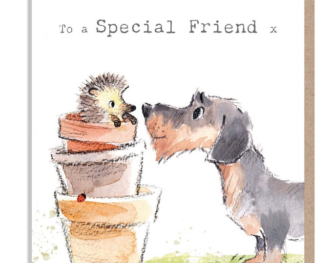 To a Special Friend Card - Quality Greeting Card - Charming illustration - 'Absolutely barking' range - Sausage Dog - Made in UK -  ABE086