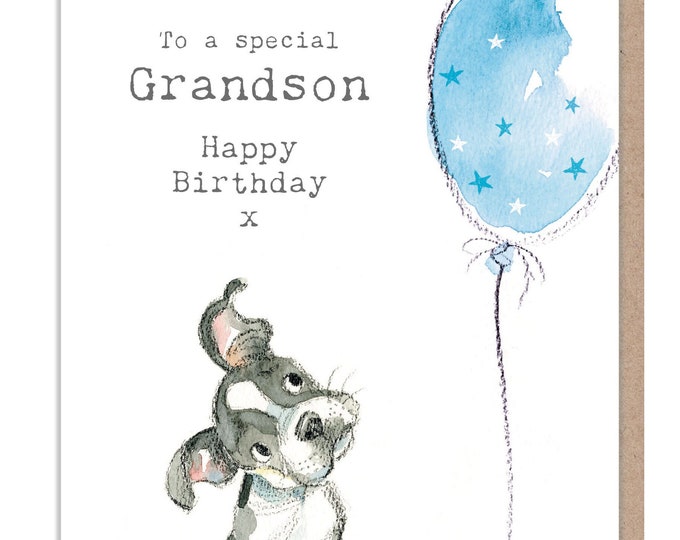 Grandson Birthday Card - Cute Dog Illustration - absolutely barking range - ABE082