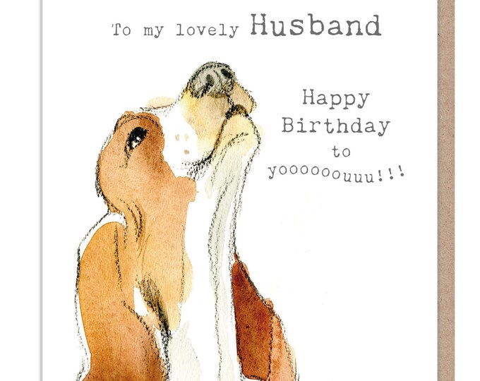 Husband Birthday Card - Basset hound Illustration - absolutely barking range - ABE076