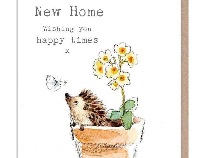 New Home - Quality Card - Charming illustration - Hedgehog in Flowerpot - 'Bucklebury Wood'  range - Made in UK -  BWE027