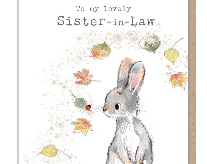 Sister-in-Law Birthday card - Cute Rabbit with leaves and lady bird Illustration - BWE024