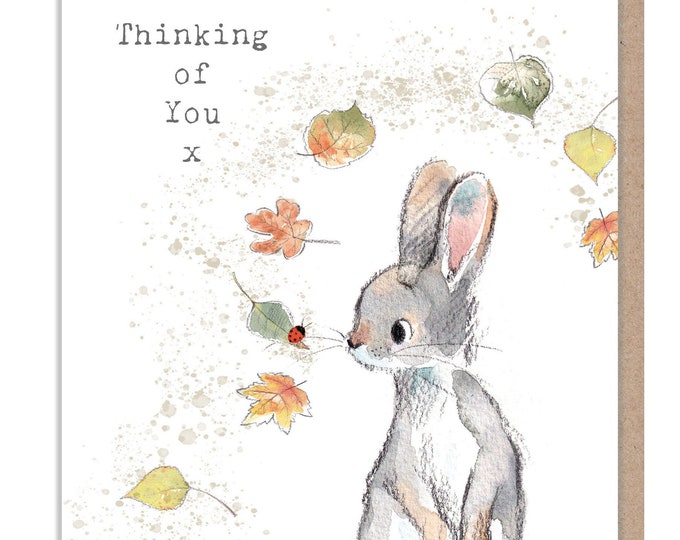 Thinking of you Card - Cute Rabbit with leaves and lady bird Illustration - BWE031