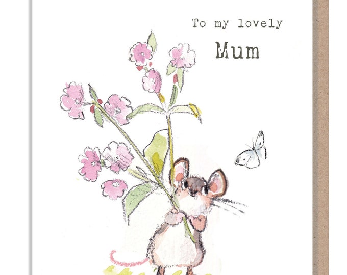 Mum Birthday Card, Cute Mouse with flowers Illustration BWE019