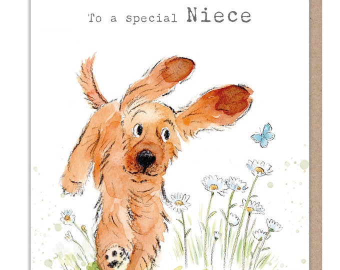 Niece Birthday Card - Cocker Spaniel with Daisies and butterfly Illustration - ABE075