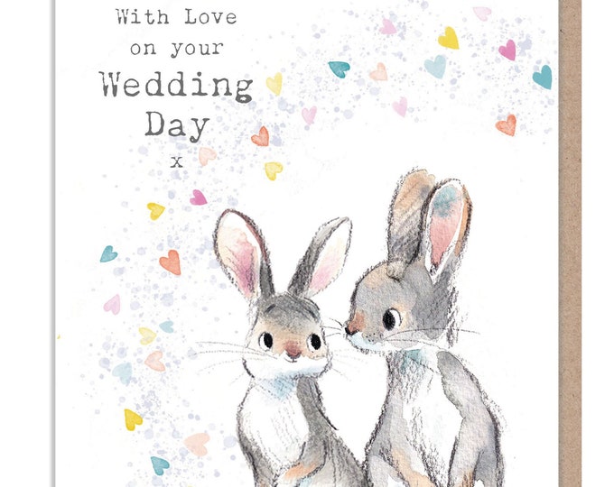 Wedding day Card - Rabbits and confetti Illustration BWE028