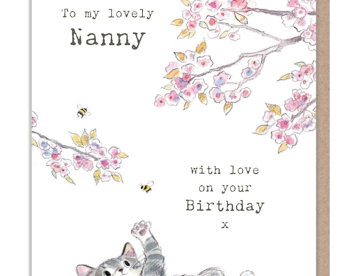 Nanny birthday Card - cute cat with cherry blossom Illustration EPP013