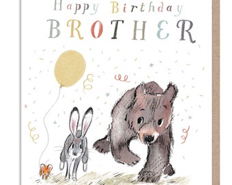 Brother birthday card - 'The Bear, the hare, and the mouse' range. Cute illustration - BHME015