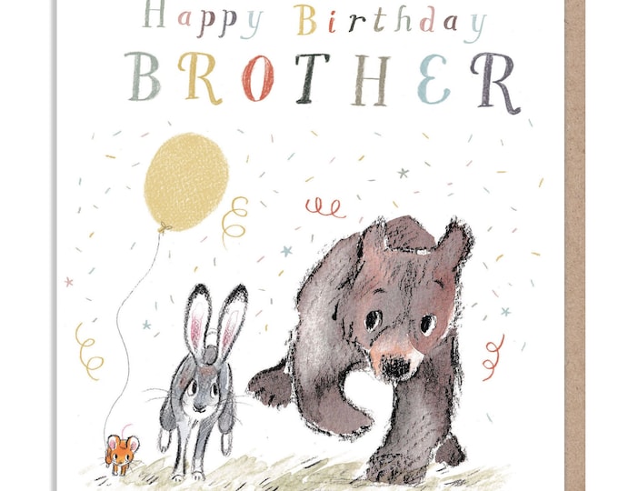 Brother birthday card - 'The Bear, the hare, and the mouse' range. Cute illustration - BHME015