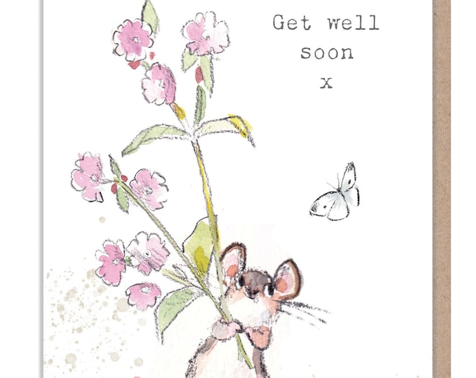 Get well soon, Cute Mouse with flowers Illustration BWE030