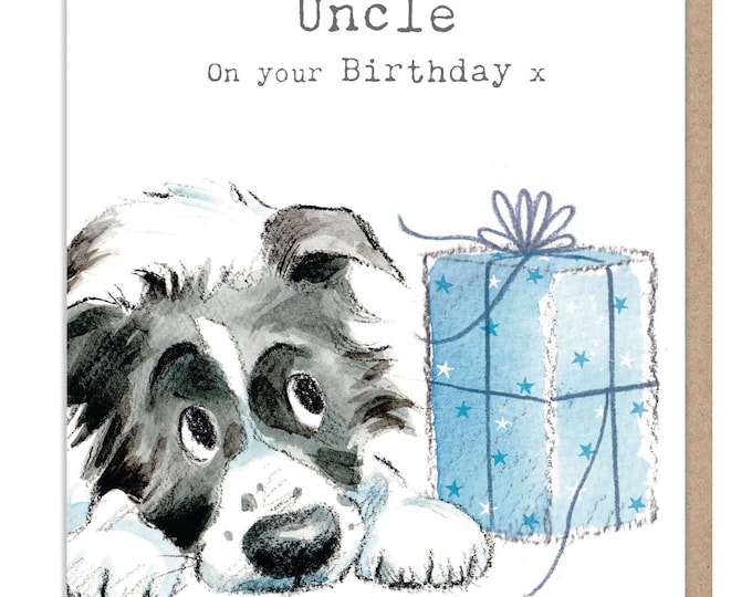 Uncle Birthday Card - Cute Colie Dog Illustration - absolutely barking range - ABE084