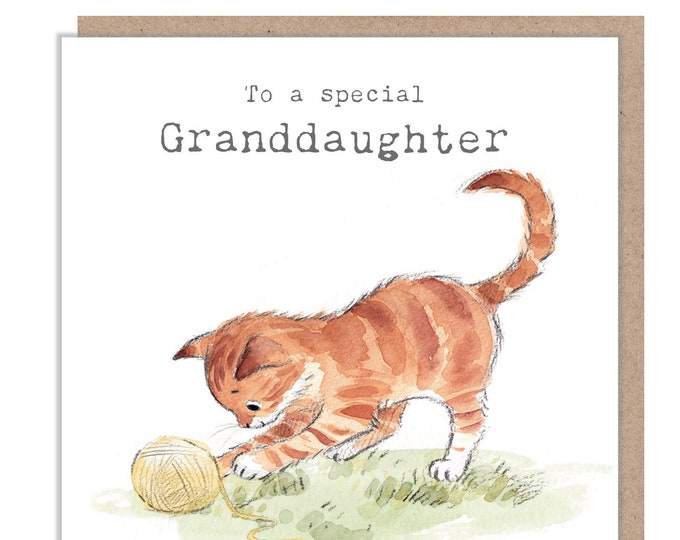 Granddaughter Birthday card - Cute Kitten with wool Illustration - EPP015