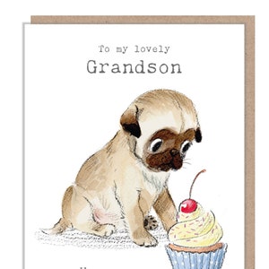 Carte d'anniversaire de petit-fils - Illustration de carlin - Gamme qui aboie absolument - ABE081