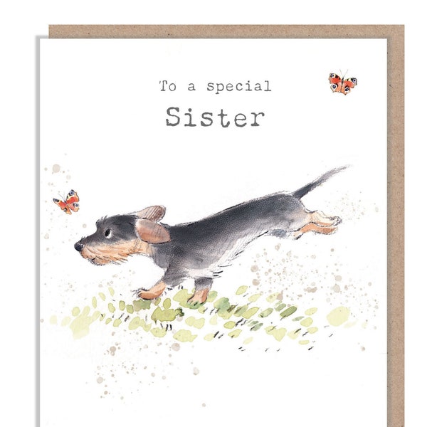 Sister Birthday Card - Running Sausage Dog with Butterflies Illustration ABE073