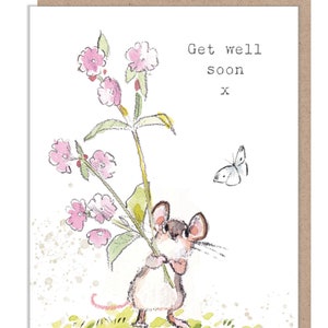 Guérir bientôt, jolie souris avec des fleurs Illustration BWE030