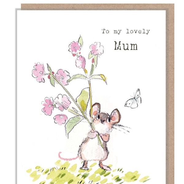 Mum Birthday Card, Cute Mouse with flowers Illustration BWE019