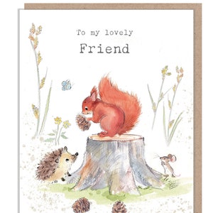 Carte d'anniversaire ami - illustration mignonne de hérisson et d'écureuil - BWE026