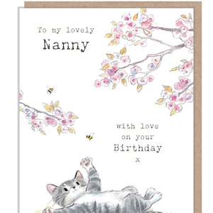 Carte d'anniversaire pour nounou - Adorable chat avec des fleurs de cerisier Illustration EPP013