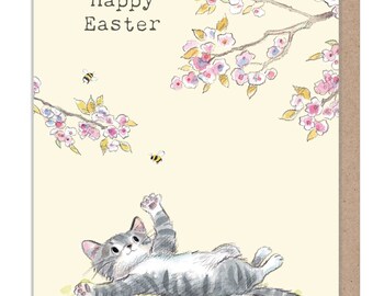Easter Card - cute cat with cherry blossom Illustration EPPEASTER01