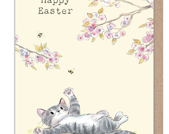 Easter Card - cute cat with cherry blossom Illustration EPPEASTER01