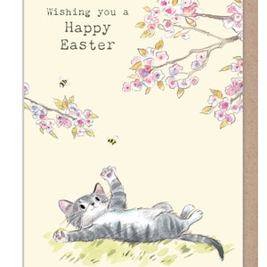 Tarjeta de Pascua - Lindo gato con flor de cerezo Ilustración EPPEASTER01
