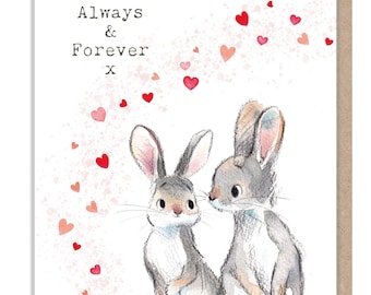 Valentines Card - Rabbits and Hearts Illustration BWVAL02