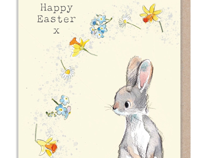 Easter Card - Charming illustration - Rabbit with flowers - 'Bucklebury Wood'  range - Made in UK -  BWEASTER03