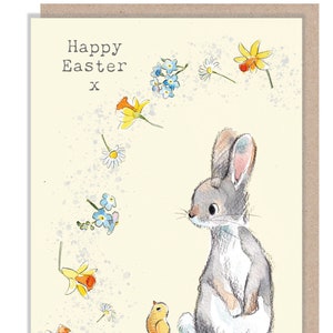 Cartão de Páscoa - Ilustração encantadora - Coelho com flores - Linha 'Bucklebury Wood' - Fabricado no Reino Unido - BWEASTER03