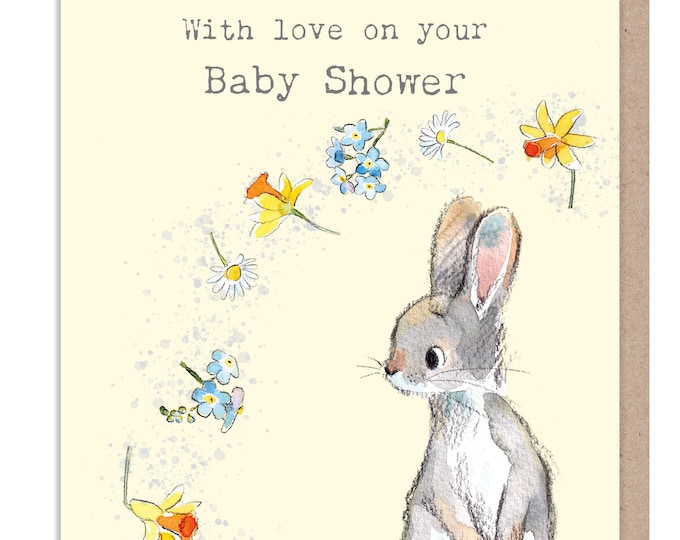 Baby shower card - Cute Rabbit with Flowers Illustration - BWE042