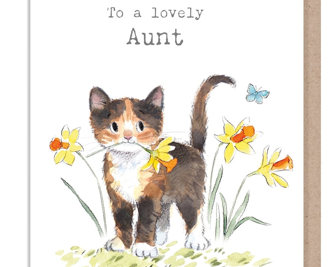 Aunt Birthday Card - Quality Greeting Card - Charming illustration - 'Pawsitively Purrect' range - Cat with Daffodils - Made in UK-EPP024