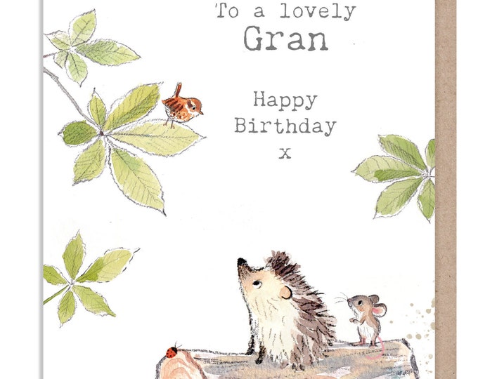 Gran Birthday Card - Cute Hedgehog and Mouse Illustration - BWE038