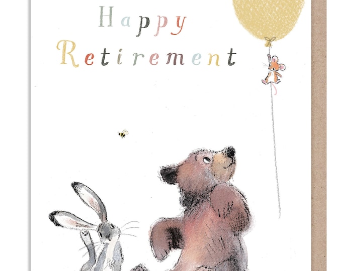 Retirement Card - Quality Greeting Card, 'the Bear, the Hare, and the Mouse' , heart warming Illustrations, made in UK, no plastic, BHME030