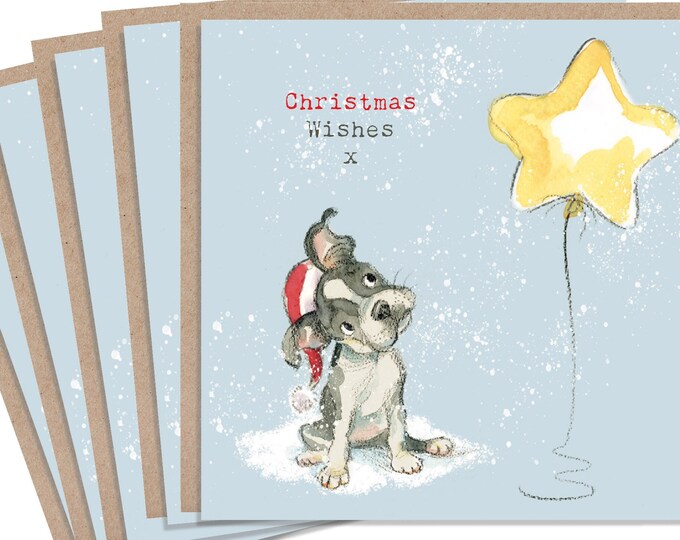 5 Quality Christmas Cards - 1 design 5 Cards  - 150mm x150mm - dog cards - Bull dog type Illustration - Made in UK -no plastic