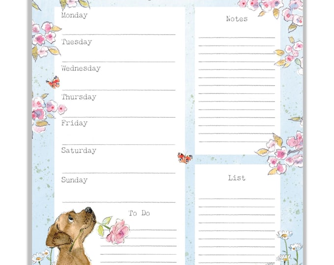 Weekly Planner - A4 size -  charming brown puppy Illustration - made in the UK - WPLAN03