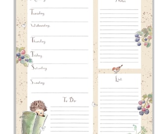 Weekly Planner - A4 size -  charming Hedgehog Illustration - 'Morris and Maude' range - made in the UK - WPLAN01