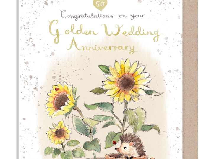 Golden Anniversary - Quality Card - Congratulations on your Golden Wedding - Hedgehog with Sunflowers - 'Morris and Maude' range -  MME022