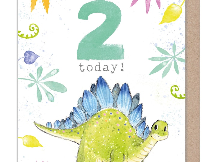 Kids Birthday Card - Age 2 - 'Totally Roarsome' range - Cute Dinosaur illustration - Stegosaurus - TR02